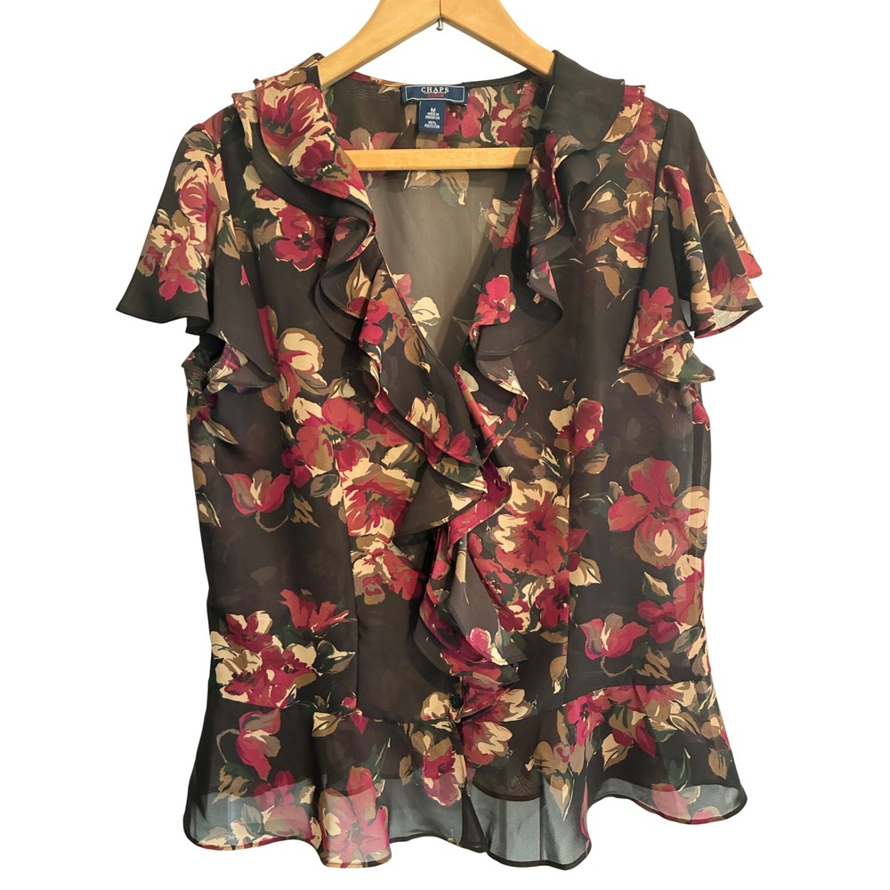 Chaps Denim Brown Floral Ruffle Front Sheer Chiffon Blouse M Regency Career Wear